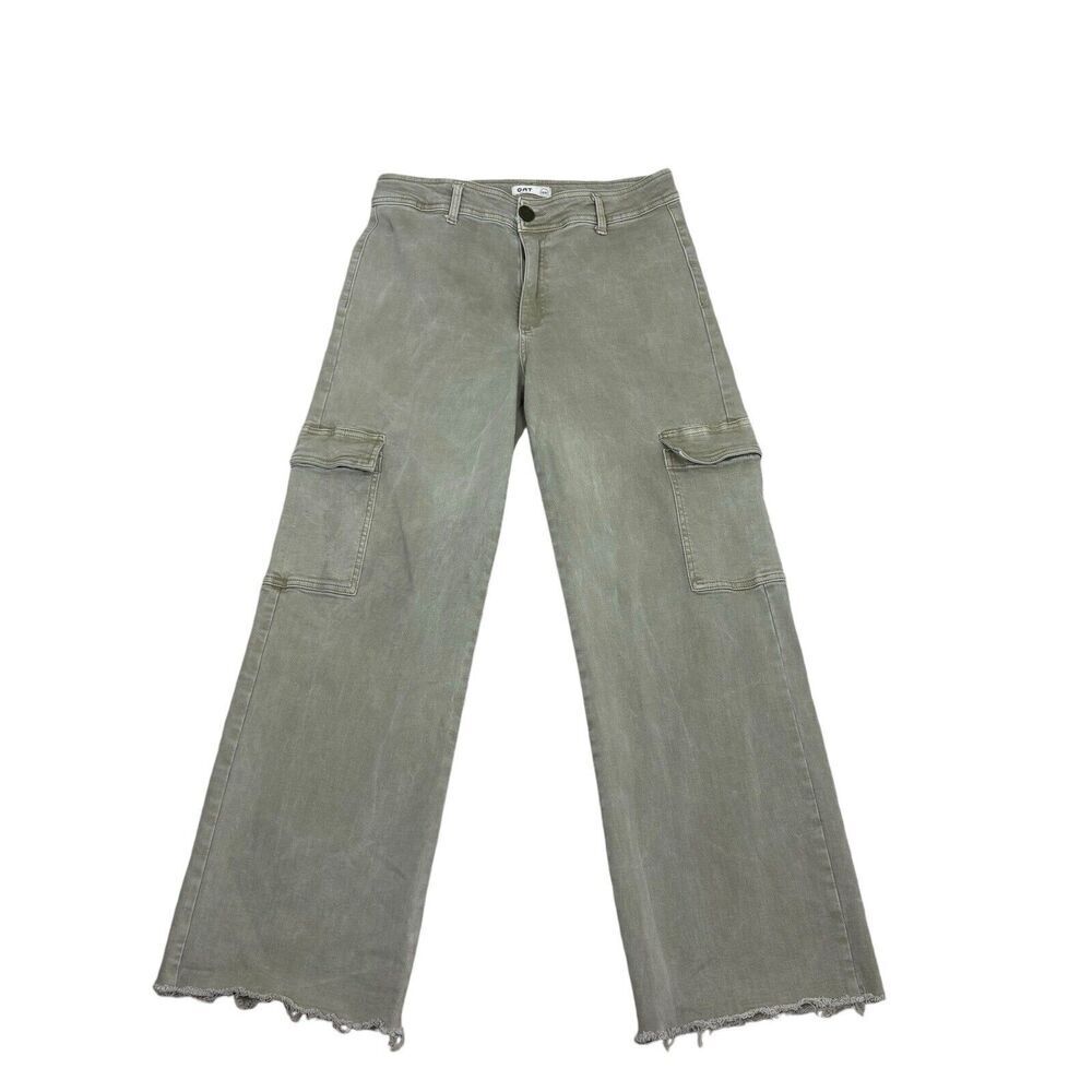 Oat Jeans Womens Size 12/31 Sage Green Cargo Raw Hem Utility Combat Trendy Wide - Picture 7 of 15